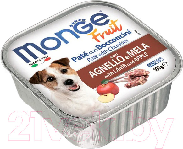 Изображение товара Влажный корм для собак Monge Fruit с ягненком и яблоком, ламистер (100г)