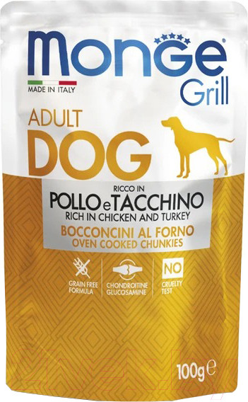 Изображение товара Влажный корм для собак Monge Grill с курицей и индейкой (пауч. 100г)