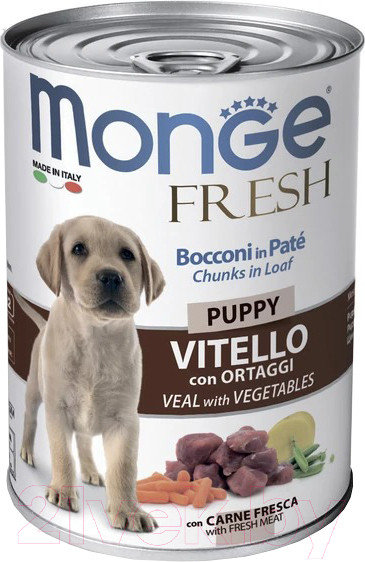 Изображение товара Влажный корм для собак Monge Fresh Chunks In Loaf Puppy мясной рулет с телятиной и овощами (400г)