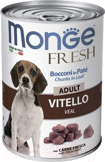 Изображение товара Влажный корм для собак Monge Fresh Chunks In Loaf мясной рулет с телятиной (400г)