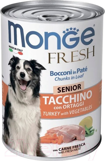 Изображение товара Влажный корм для собак Monge Fresh Chunks in Loaf Senior мясной рулет с индейкой и овощами (400г)