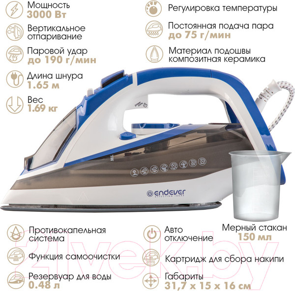 Изображение товара Утюг Endever Delta-231 (белый/синий/черный)