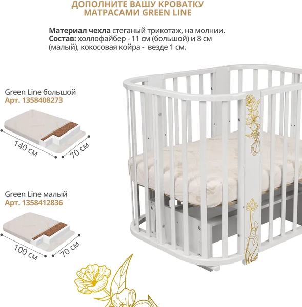 Изображение товара Детская кровать-трансформер INDIGO Green Line 5 в 1 с поперечным маятником (цветы)