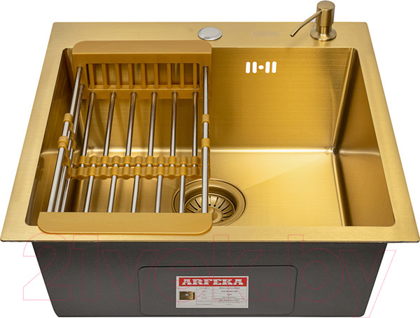 Изображение товара Мойка кухонная Arfeka Eco AR 50x50 + CL AR + DS AR (золото, с дозатором и коландером)