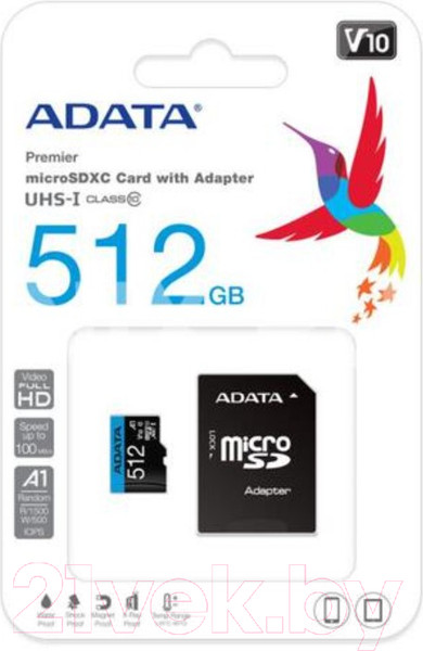 Изображение товара Карта памяти A-data microSDXC 512GB + адаптер (AUSDX512GUICL10A1-RA1)