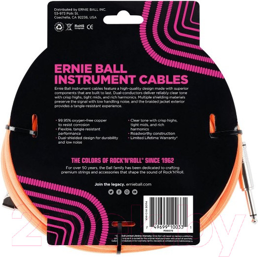 Изображение товара Кабель гитарный Ernie Ball P06079 (Neon Orange)