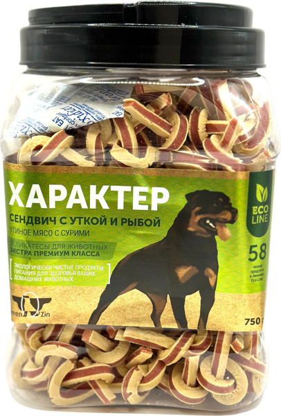 Изображение товара Лакомство для собак Green QZin Характер Сендвич с уткой и рыбой, утиное мясо с сурими (750г)