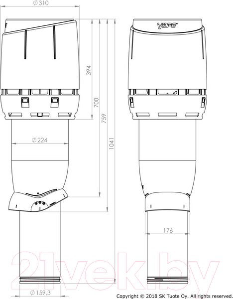 Изображение товара Выход вентиляционный на крышу Vilpe Flow 160/ИЗ/700 RR22 / 350022 (черный)
