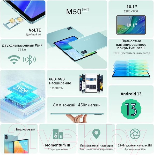 Изображение товара Планшет Teclast M50 LTE 6GB/128GB (мятно-голубой)