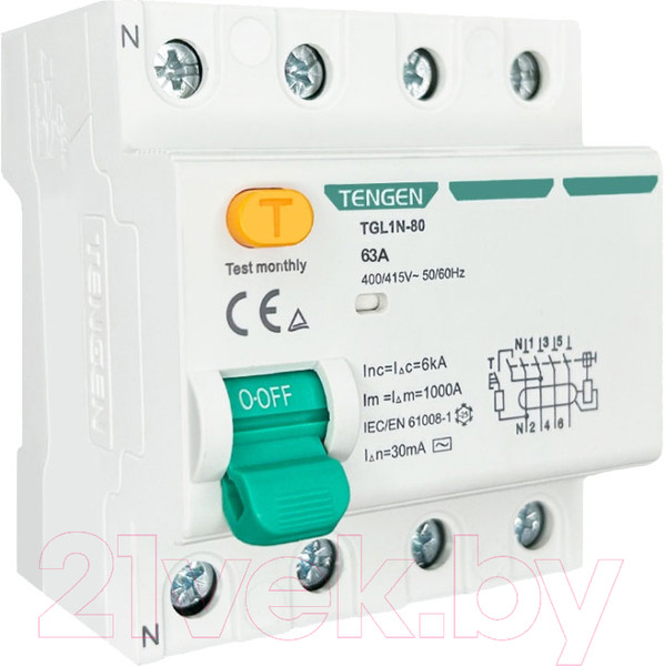 Изображение товара Устройство защитного отключения Tengen TGL1N-80 4P 63A 6kA 300mA AC/S 4M / TEN320166