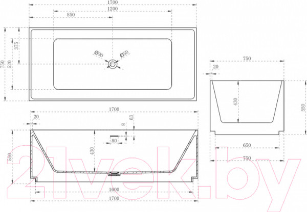 Изображение товара Ванна из искусственного камня Abber Stein AS9602 (белый матовый)