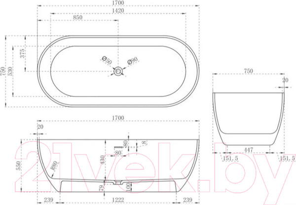 Изображение товара Ванна из искусственного камня Abber Stein AS9613-1.7 (белый матовый)