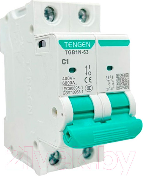 Изображение товара Выключатель автоматический Tengen TGB1N-63 2P 1A C 6kA 2M / TGB1N-63-2-01C