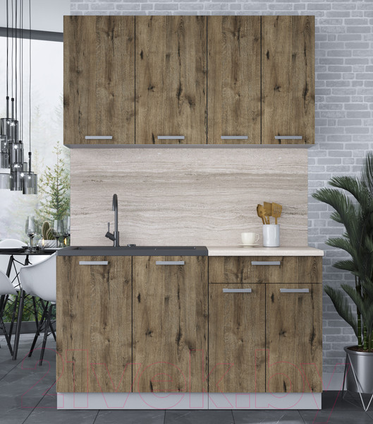 Изображение товара Кухонный гарнитур Интерлиния Мила Лайт 1.4 (дуб веллингтон/дуб веллингтон/травертин серый)