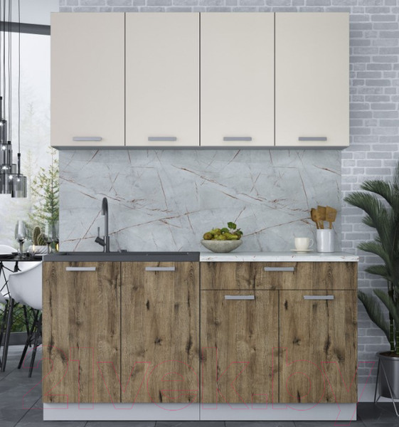 Изображение товара Кухонный гарнитур Интерлиния Мила Лайт 1.6 (персидский жемчуг/дуб веллингтон/серый каспий)