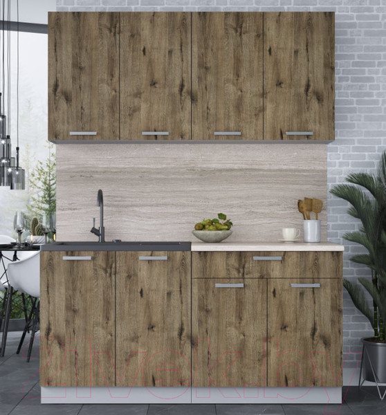 Изображение товара Кухонный гарнитур Интерлиния Мила Лайт 1.6 (дуб веллингтон/дуб веллингтон/травертин серый)