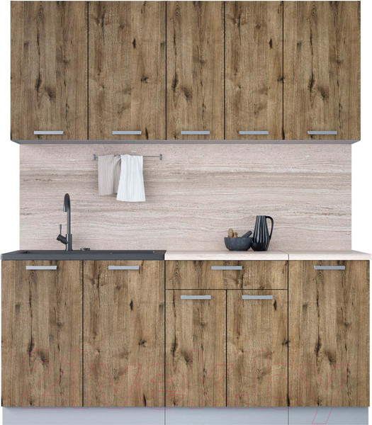 Изображение товара Кухонный гарнитур Интерлиния Мила Лайт 1.8 (дуб веллингтон/дуб веллингтон/травертин серый)