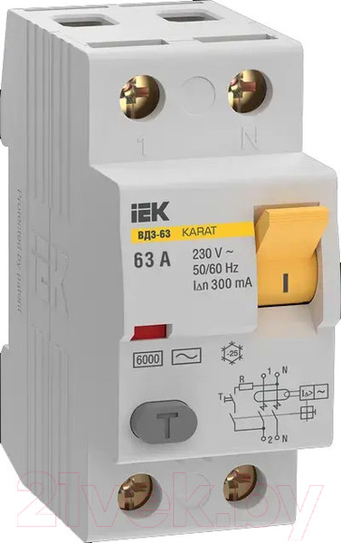 Изображение товара Устройство защитного отключения IEK Karat ВД3-63 2P 63А 300мА 6кА AC / MDV20-2-063-300