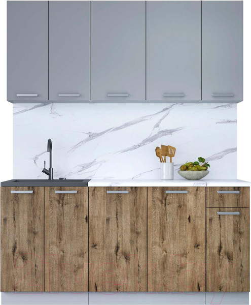 Изображение товара Кухонный гарнитур Интерлиния Мила Лайт 1.7-60 (серебристый/дуб веллингтон/белый гранит)