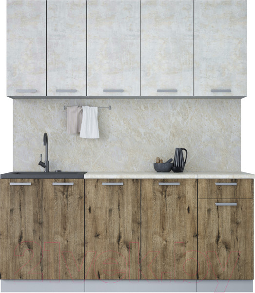 Изображение товара Кухонный гарнитур Интерлиния Мила Лайт 1.8-60 (бетон лайт/дуб веллингтон/опал светлый)