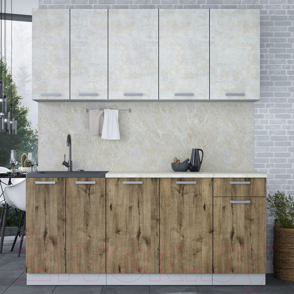 Изображение товара Кухонный гарнитур Интерлиния Мила Лайт 1.8-60 (бетон лайт/дуб веллингтон/опал светлый)