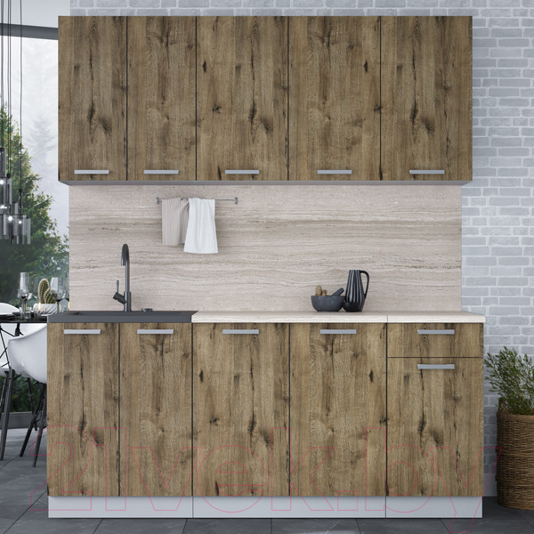 Изображение товара Кухонный гарнитур Интерлиния Мила Лайт 1.8-60 (дуб веллингтон/дуб веллингтон/травертин серый)