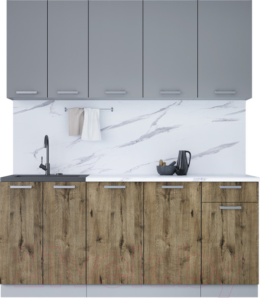 Изображение товара Кухонный гарнитур Интерлиния Мила Лайт 1.8-60 (серебристый/дуб веллингтон/белый гранит)