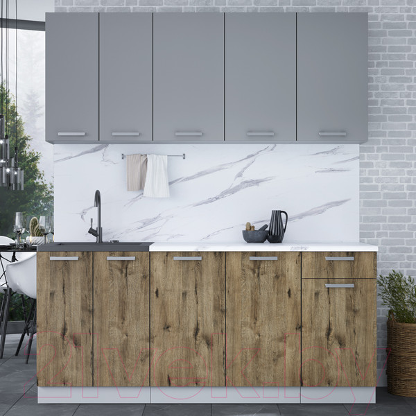 Изображение товара Кухонный гарнитур Интерлиния Мила Лайт 1.8-60 (серебристый/дуб веллингтон/белый гранит)