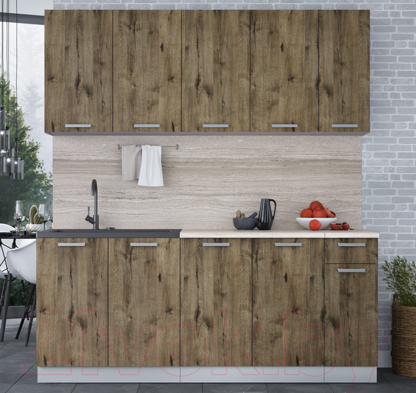 Изображение товара Кухонный гарнитур Интерлиния Мила Лайт 1.9 (дуб веллингтон/дуб веллингтон/травертин серый)