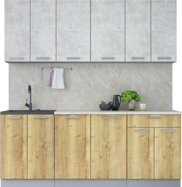Изображение товара Кухонный гарнитур Интерлиния Мила Лайт 2.0-60 (бетон лайт/дуб золотой/опал светлый)