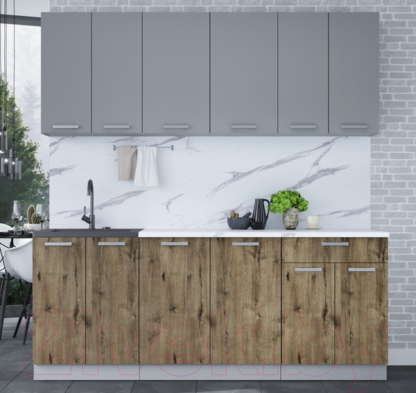 Изображение товара Кухонный гарнитур Интерлиния Мила Лайт 2.0-60 (серебристый/дуб веллингтон/белый гранит)