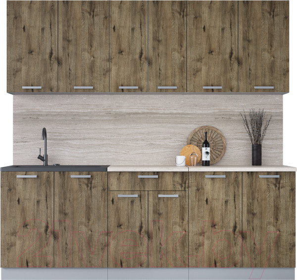 Изображение товара Кухонный гарнитур Интерлиния Мила Лайт 2.2 (дуб веллингтон/дуб веллингтон/травертин серый)