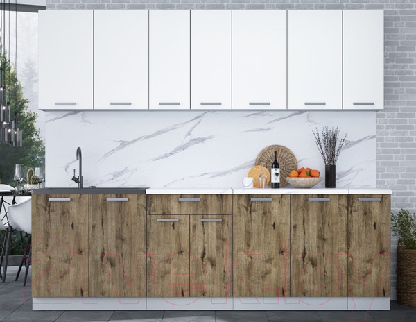 Изображение товара Кухонный гарнитур Интерлиния Мила Лайт 2.5 (белый платинум/дуб веллингтон/белый гранит)