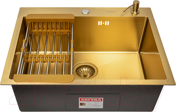 Изображение товара Мойка кухонная Arfeka Eco AR 60x50 + CL AR + DS AR (золото, с дозатором и коландером)