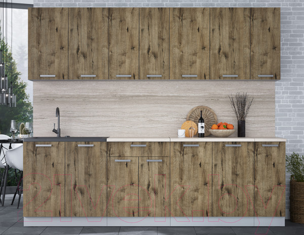 Изображение товара Кухонный гарнитур Интерлиния Мила Лайт 2.5 (дуб веллингтон/дуб веллингтон/травертин серый)