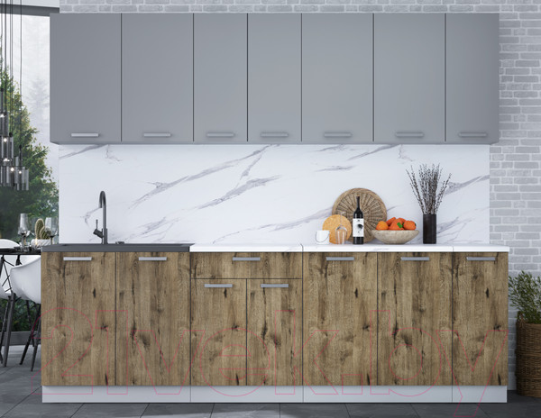 Изображение товара Кухонный гарнитур Интерлиния Мила Лайт 2.5 (серебристый/дуб веллингтон/белый гранит)