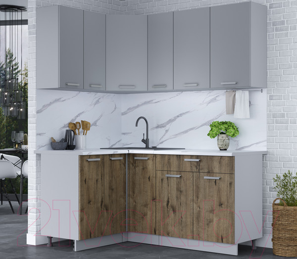 Изображение товара Кухонный гарнитур Интерлиния Мила Лайт 1.2x1.7 (серебристый/дуб веллингтон/белый гранит)