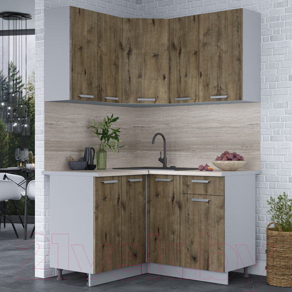 Изображение товара Кухонный гарнитур Интерлиния Мила Лайт 1.2x1.3 (дуб веллингтон/дуб веллингтон/травертин серый)