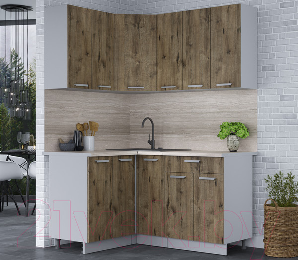 Изображение товара Кухонный гарнитур Интерлиния Мила Лайт 1.2x1.5 (дуб веллингтон/дуб веллингтон/травертин серый)