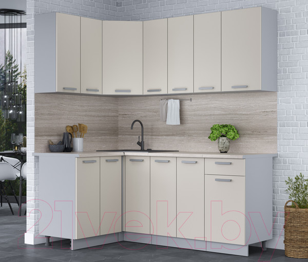 Изображение товара Кухонный гарнитур Интерлиния Мила Лайт 1.2x1.9 (персидский жемчуг/персидский жемчуг/травертин серый)