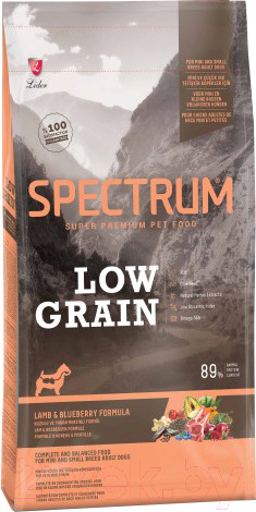 Изображение товара Сухой корм для собак Spectrum Low Grain для взрослых мини и мелких пород с ягненком и черникой (2.5кг)