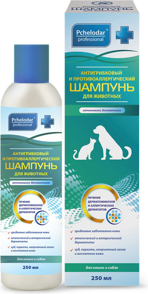 Изображение товара Шампунь для лечения шерсти и кожи животных Pchelodar Антигрибковый с бетаметазоном и кетаконазолом (250мл)