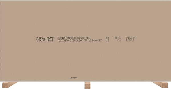 Изображение товара Гипсокартон Knauf А стандартный 12.5x1200x2500мм / 30902