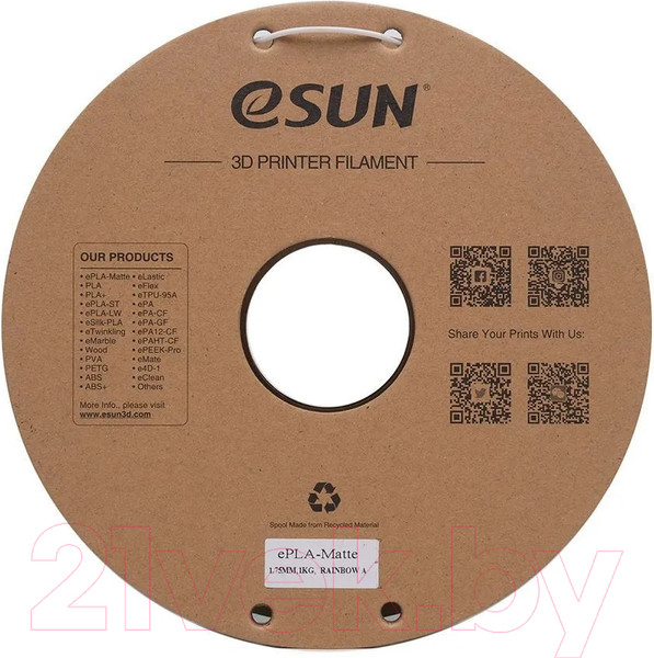Изображение товара Пластик для 3D-печати eSUN ePLA-Matte Filament / т0034917 (1.75мм, 1кг, радуга)