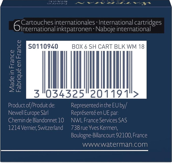 Изображение товара Чернила для перьевой ручки Waterman International / S0110940 (6шт, черный)