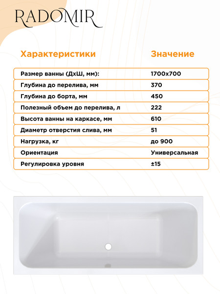 Изображение товара Ванна акриловая Radomir Патрисия 170x70 / 1-01-0-0-1-331