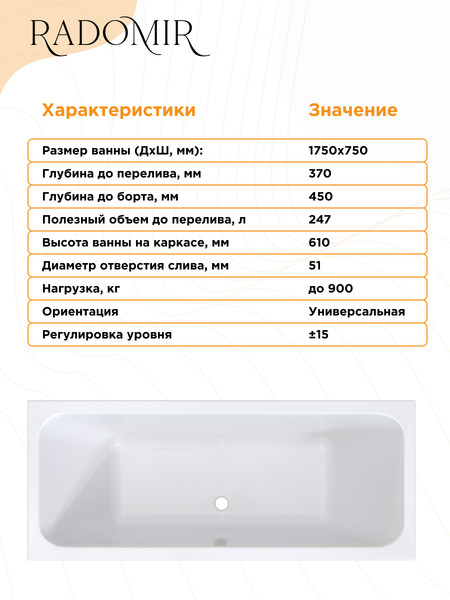 Изображение товара Ванна акриловая Radomir Патрисия 175x75 / 1-01-0-0-1-330
