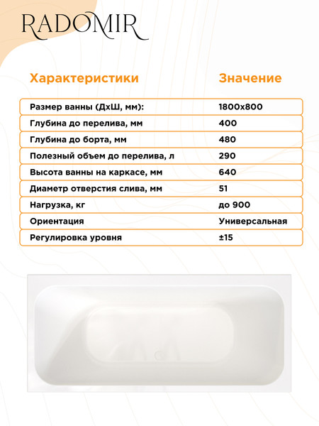 Изображение товара Ванна акриловая Radomir Прованс 180x80 / 1-01-4-0-1-185К