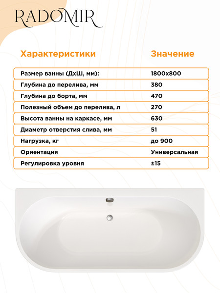 Изображение товара Ванна акриловая Radomir Вальс Макси 180x80 / 1-01-2-0-9-186К (с сифоном)