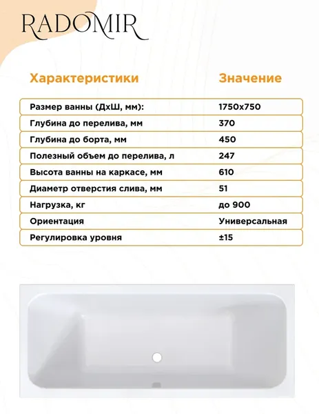 Изображение товара Ванна акриловая Radomir Патрисия 175x75 / 1-01-3-0-1-330К